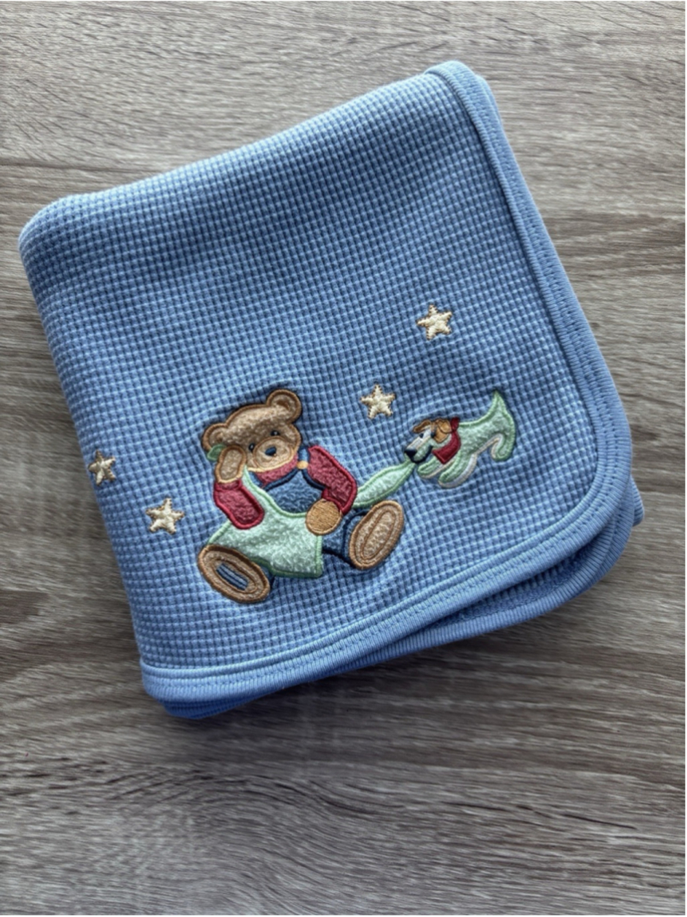 Vintage Blue Jean Teddy Bear Waffle Knit Baby Blanket 26x26